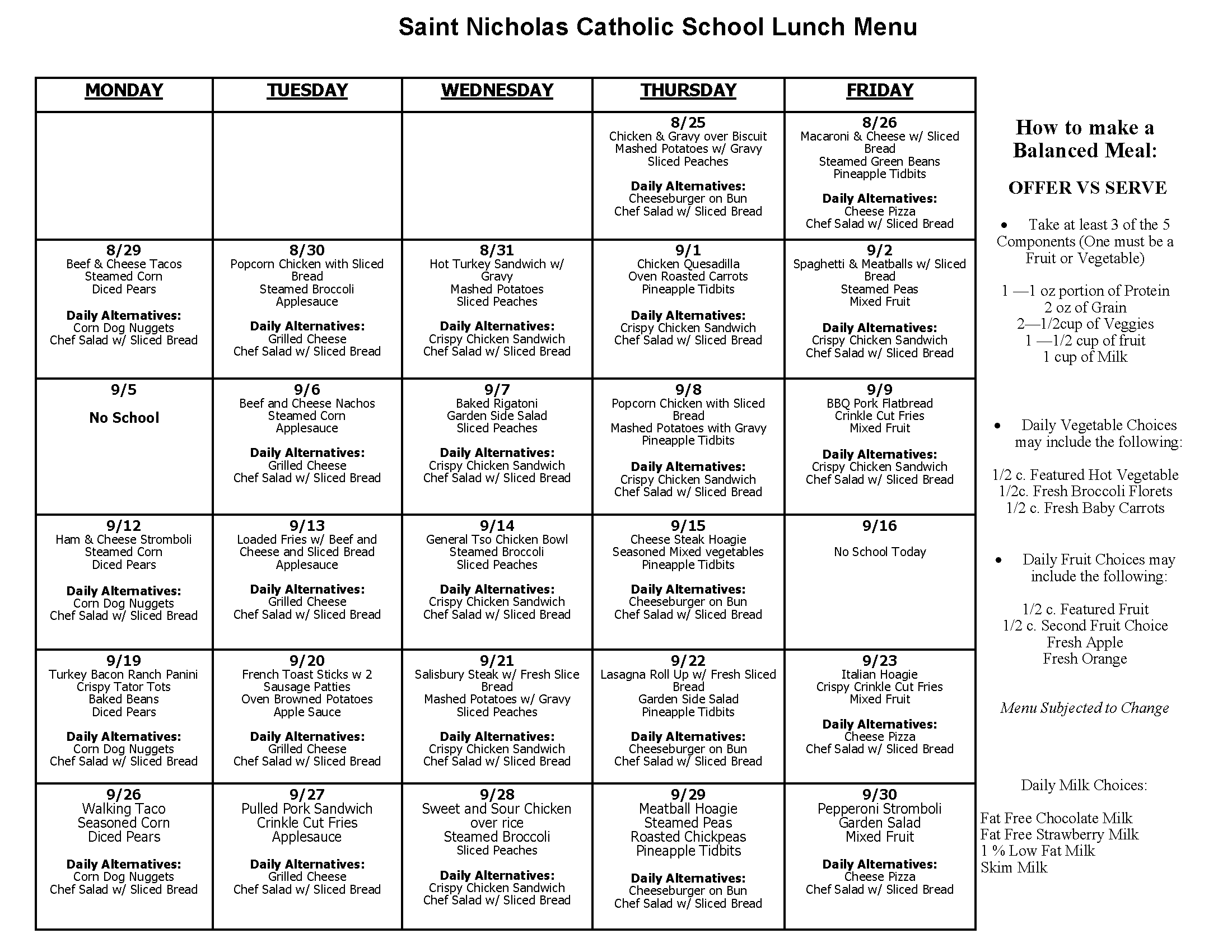 Lunch Menu St Nicholas Catholic School Lunch Menu St Nicholas Catholic School