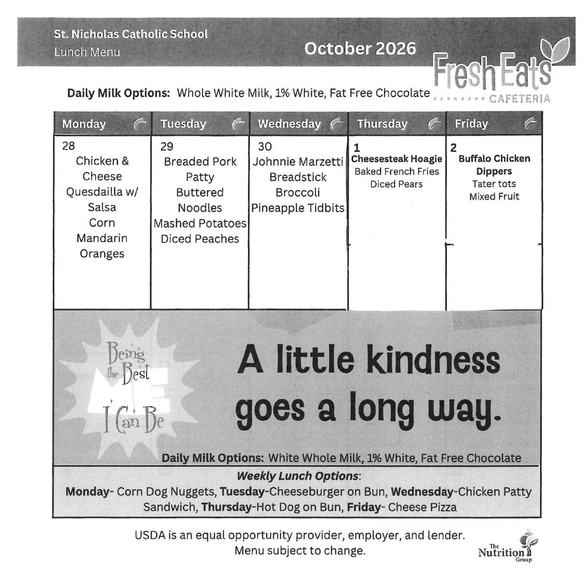 St. Nick September Week 5 2026 Lunch Menu St. Nicholas Catholic School lunch menu for September 28 - October 2, 2026