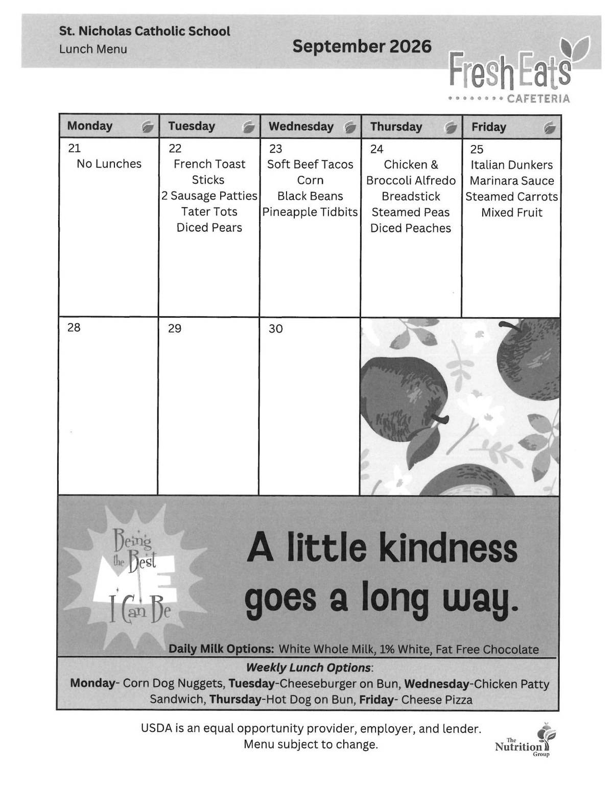 St. Nick September Week 4 2026 Lunch Menu St. Nicholas Catholic School lunch menu for September 21-30, 2026