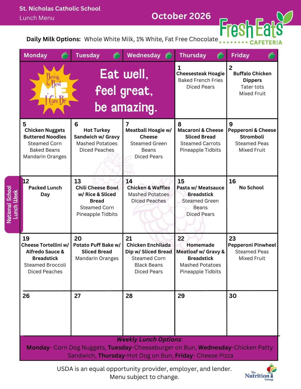 St. Nick October Week 4 2026 Lunch Menu St. Nicholas Catholic School lunch menu for October 1-23, 2026